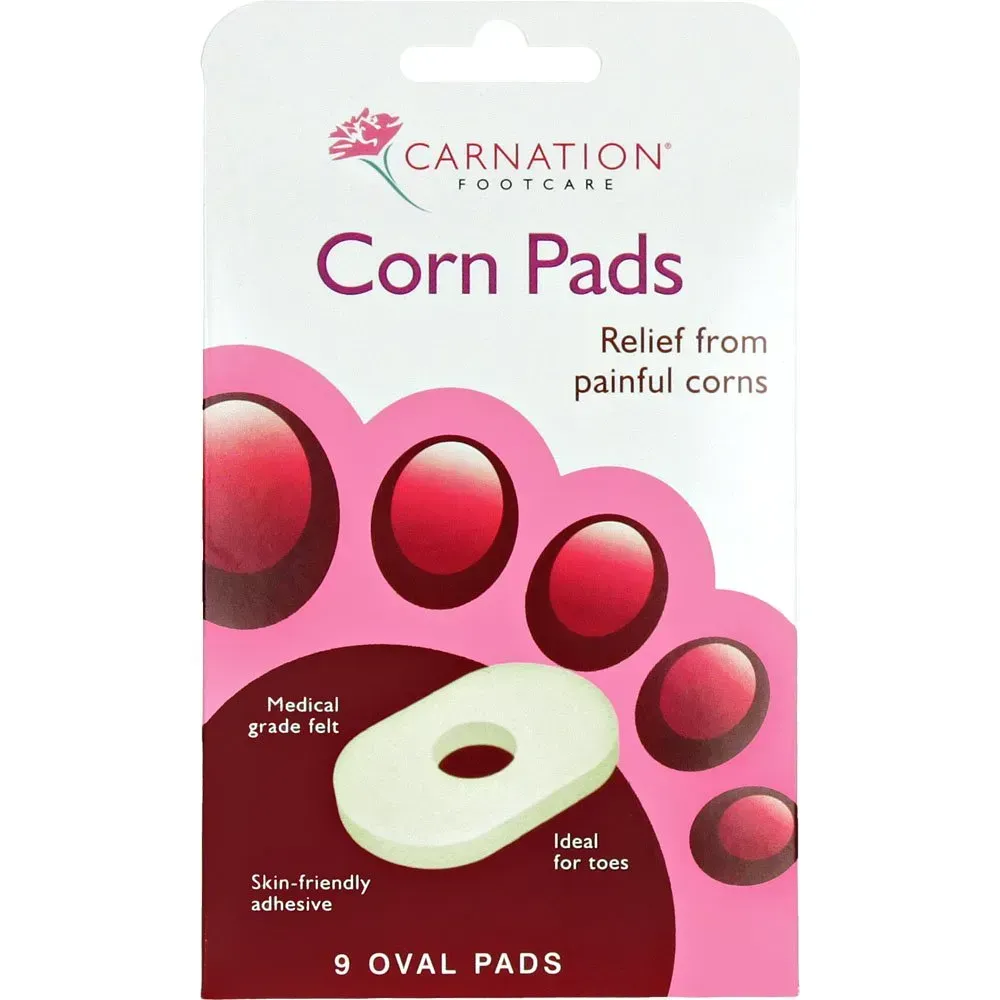 Front of Carnation Footcare Corn Pads pack, 9 oval pads