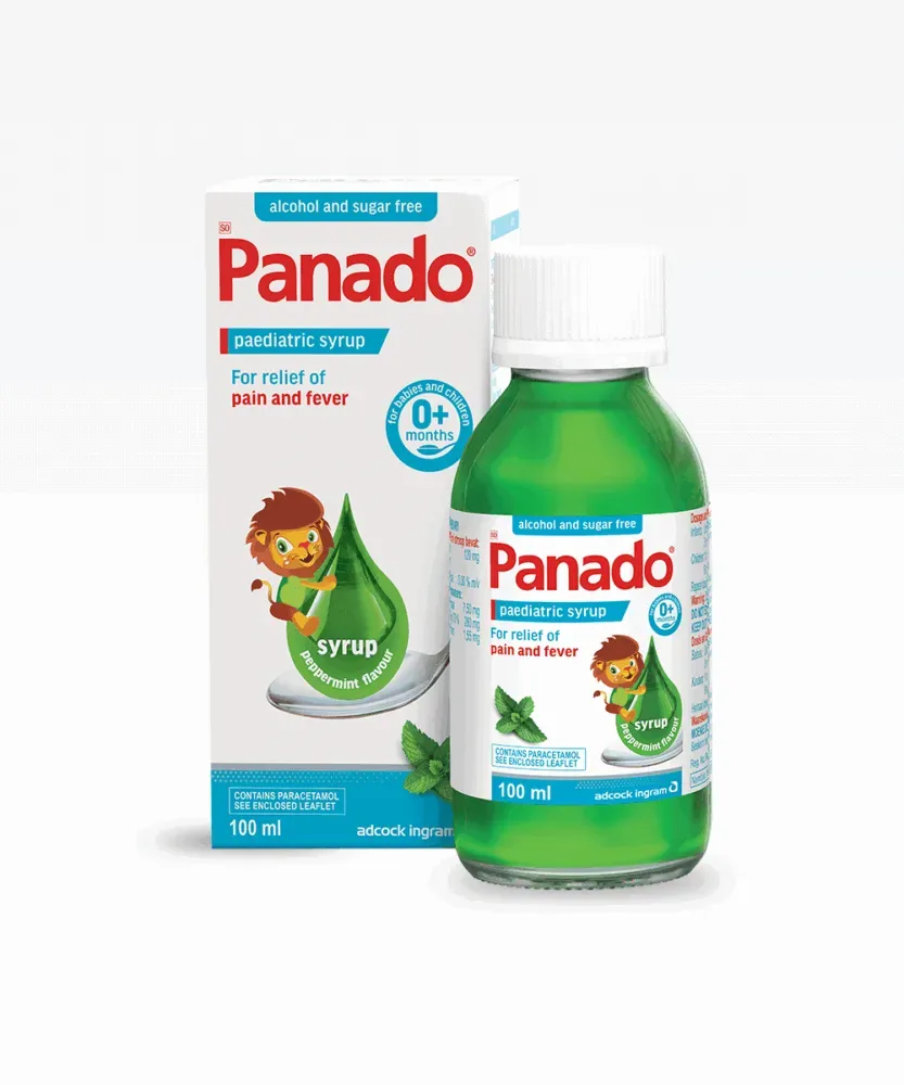 Panado Paediatric Syrup Sugar & Alcohol Free 100 ml box and bottle