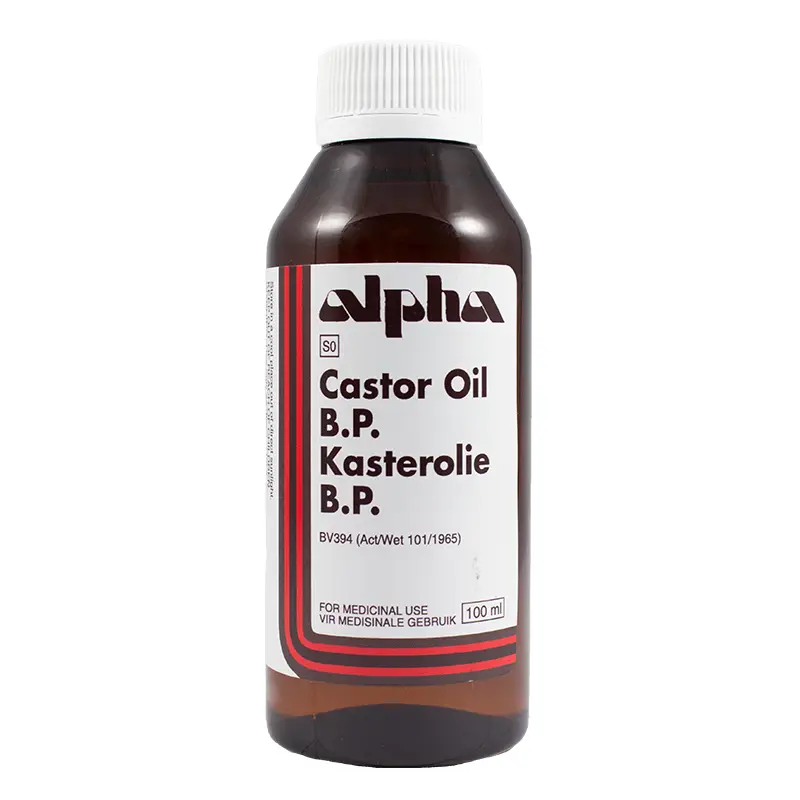 Front of Alpha Castor Oil B.P. 100 ml bottle
