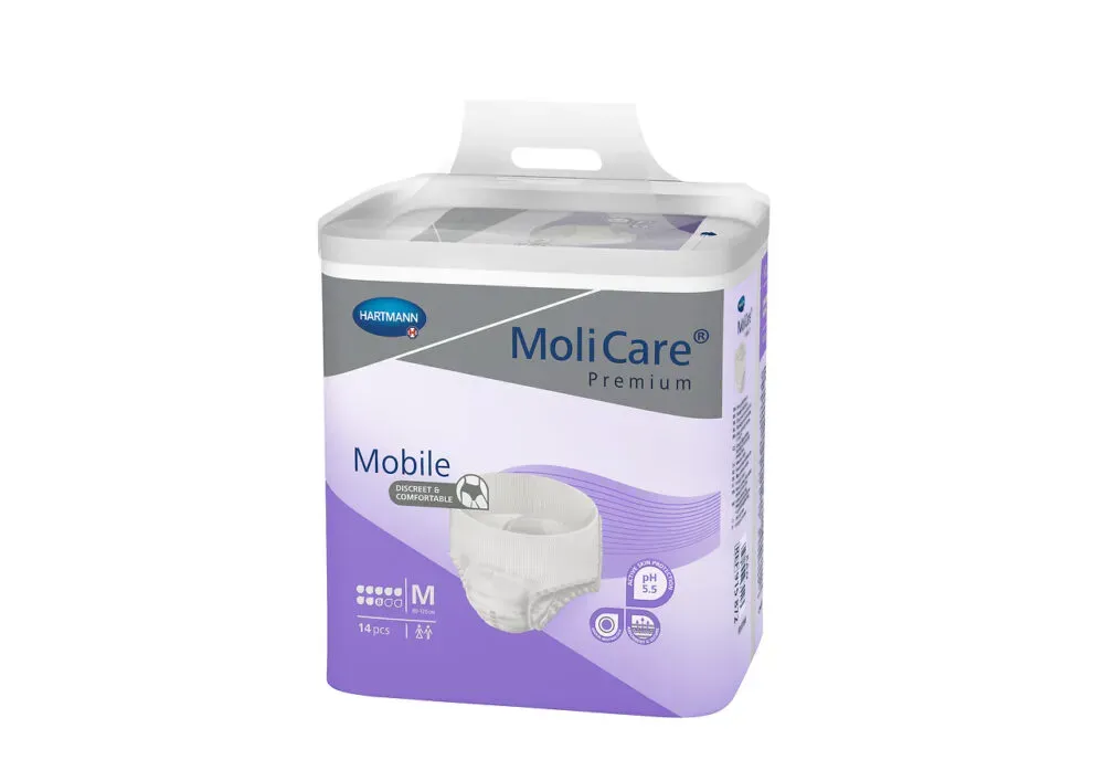 Front angled view of MoliCare Premium Mobile 8 Drop Medium 14's incontinence pants pack