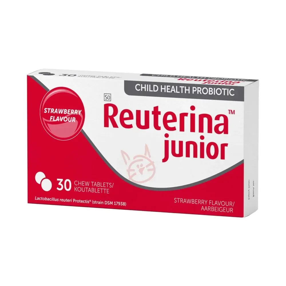 Angled view of Reuterina Junior Strawberry Flavour Child Health Probiotic 30 chew tablets box