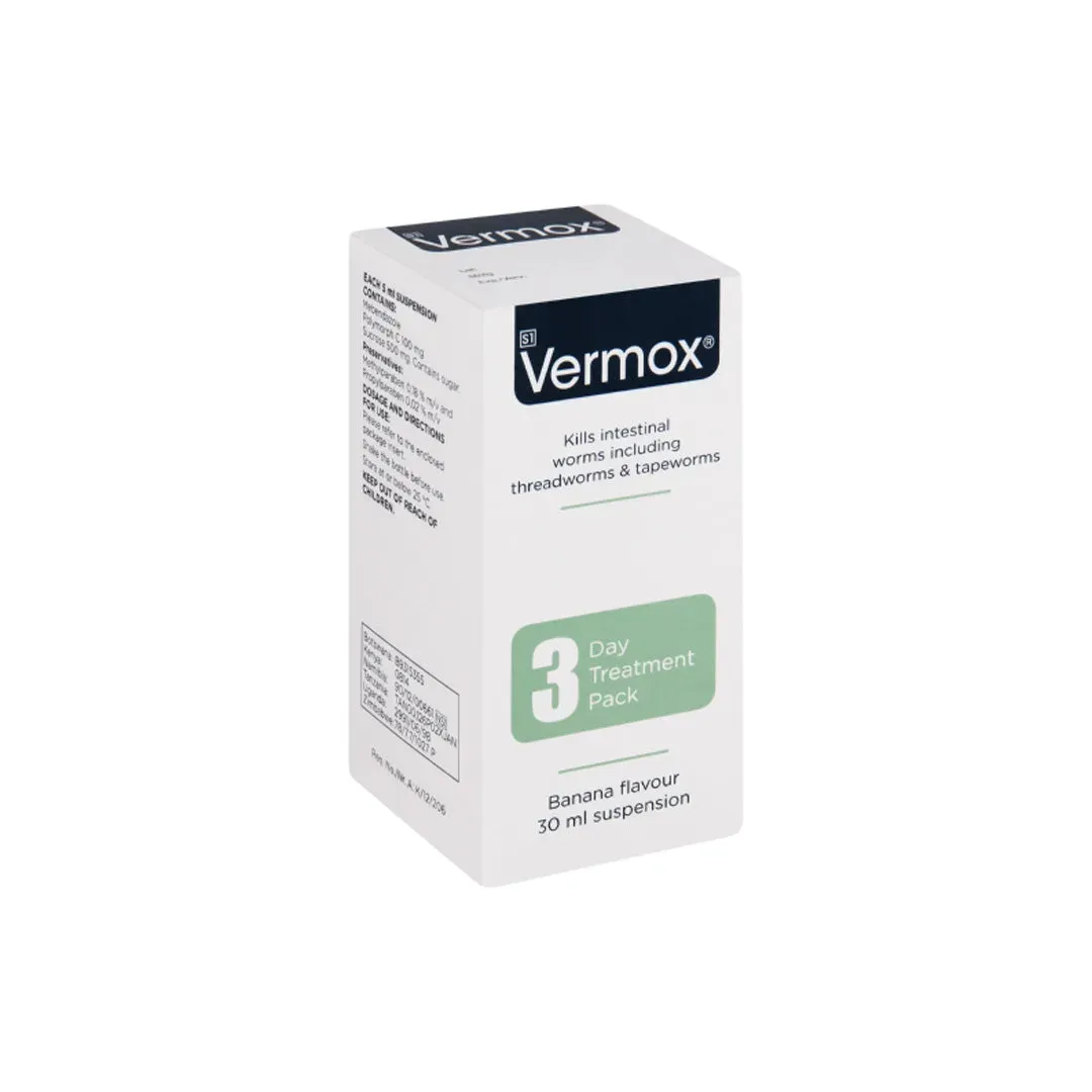 Angled view of Vermox 100mg Suspension 30ml banana flavour box