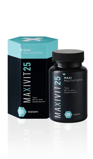 Front of Maxivit 25 Maxi Multivitamin box and bottle, 30 vegicapsules