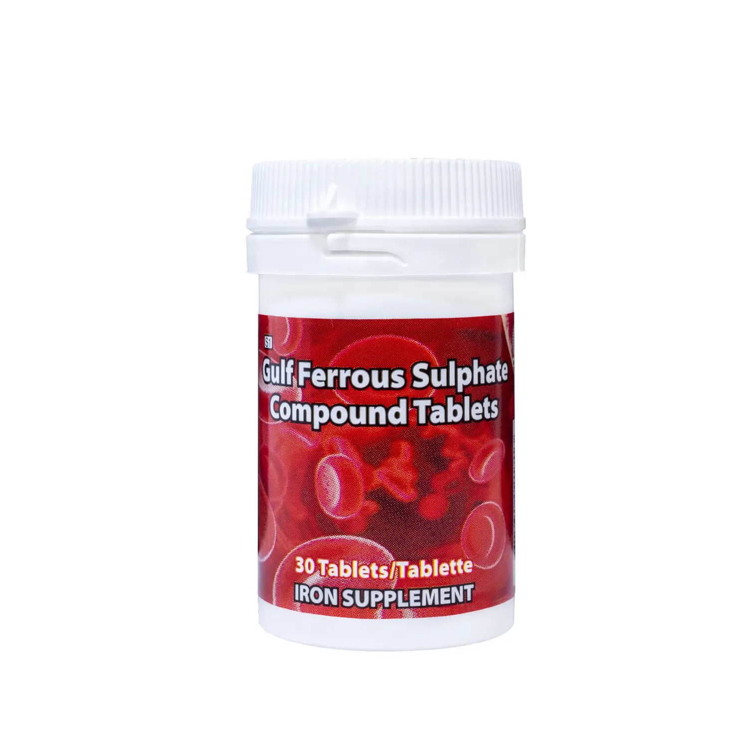 Front of Gulf Ferrous Sulphate Compound Tablets 30 tablets bottle