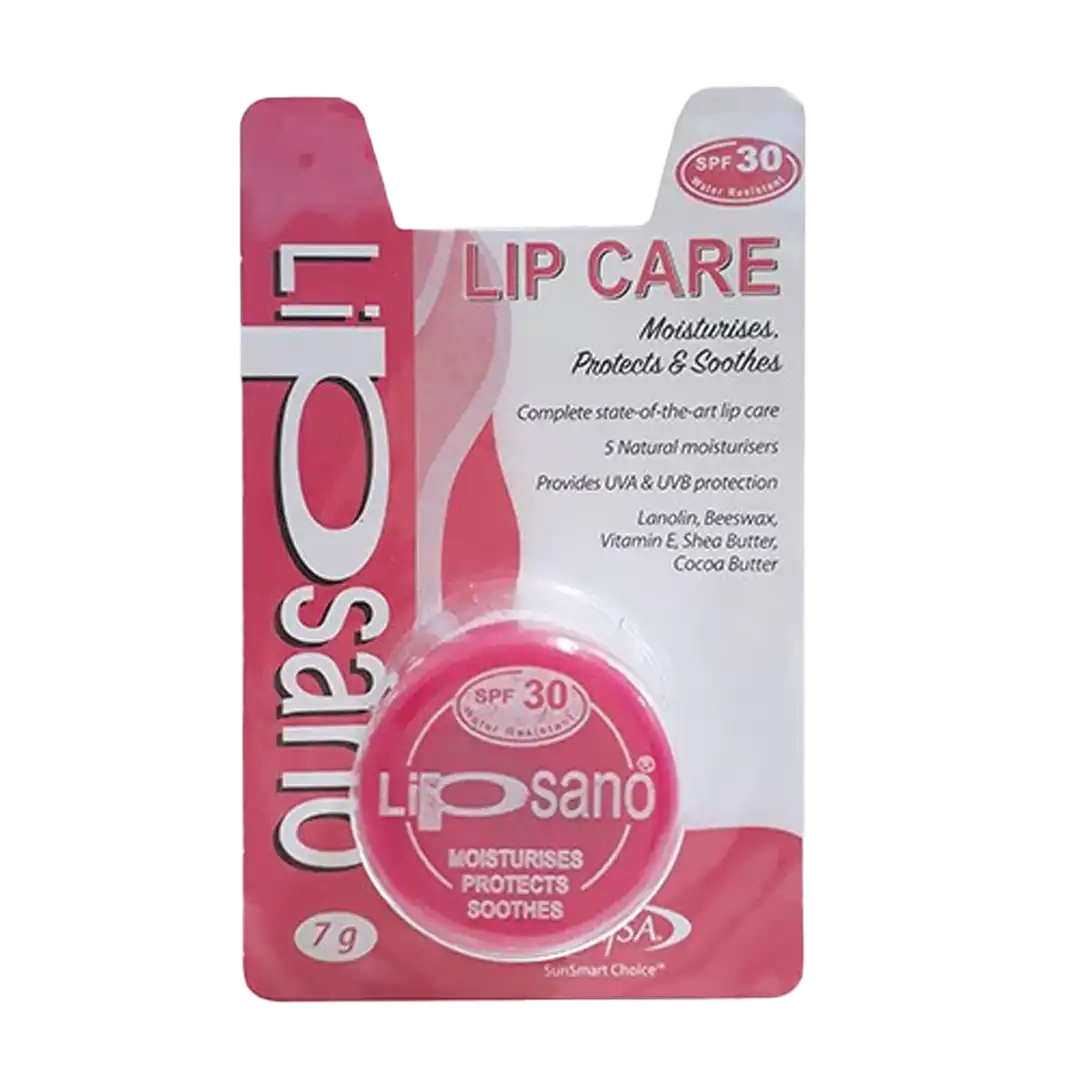 Front of Lipsano Pink Lip Care SPF30 tub 7g blister pack
