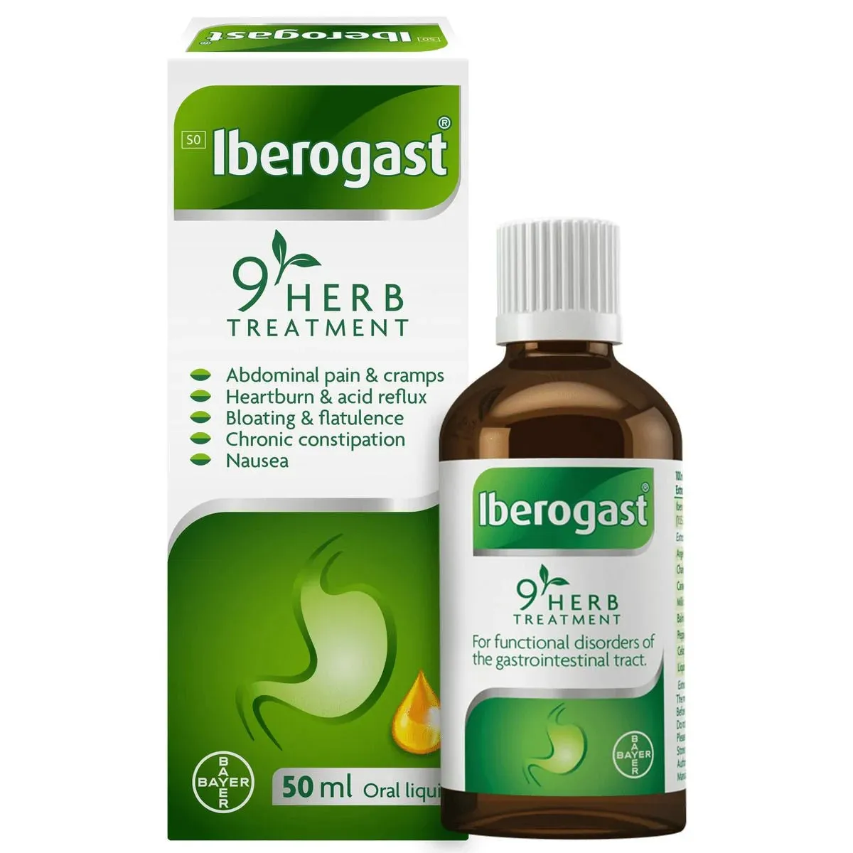 Front of Iberogast 9 Herb Treatment Oral Liquid 50ml box and bottle