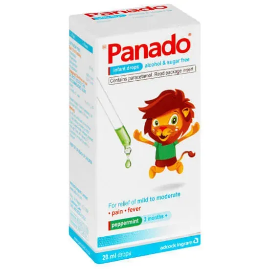 Angled front view of Panado Infant Drops 20 ml box
