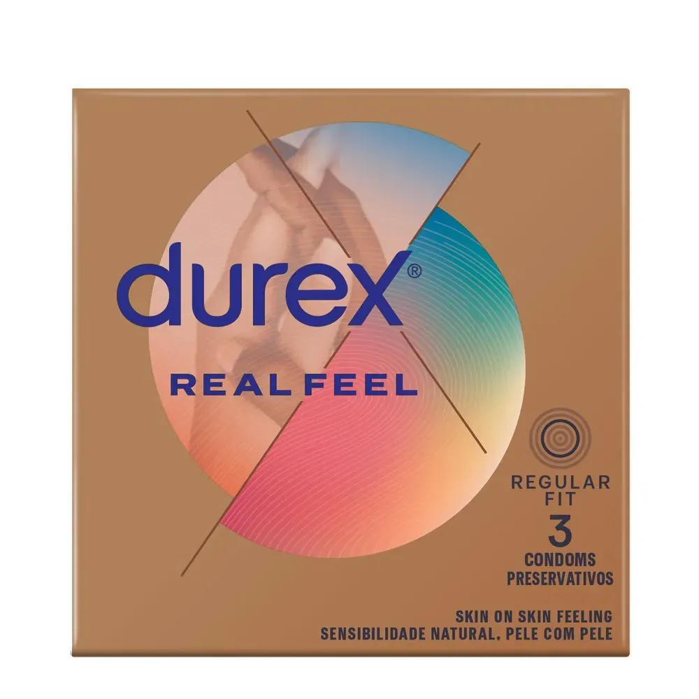 Front of Durex Real Feel Regular Fit condoms box, 3 condoms