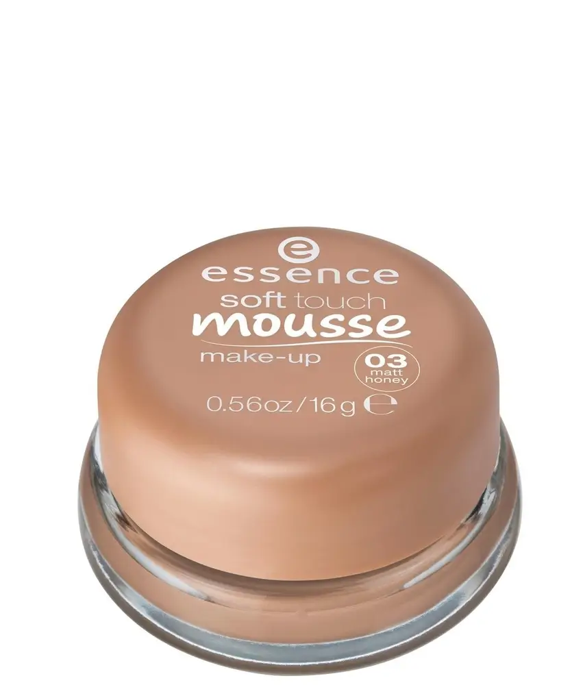 Front of Essence Soft Touch Mousse Make-up 03 Matt Honey foundation jar, 16 g