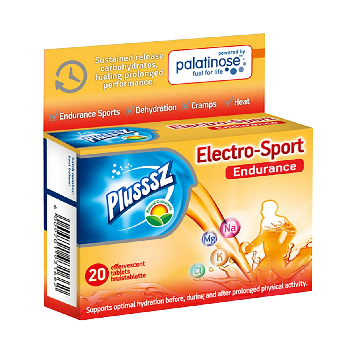 Front of Plusssz Electro-Sport Endurance 20 Effervescent Tablets box