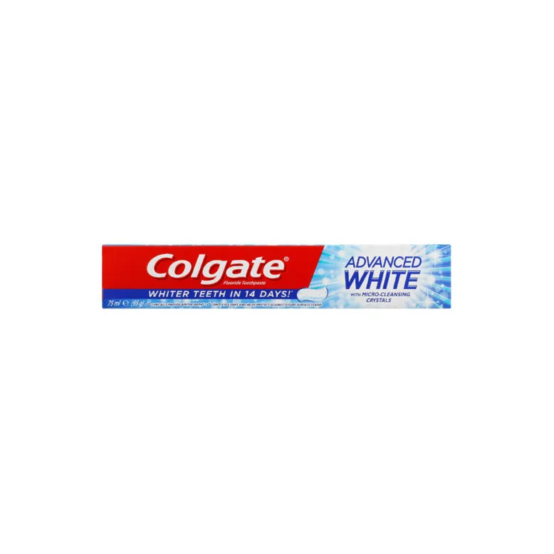 Front of Colgate Advanced White Toothpaste 75ml box