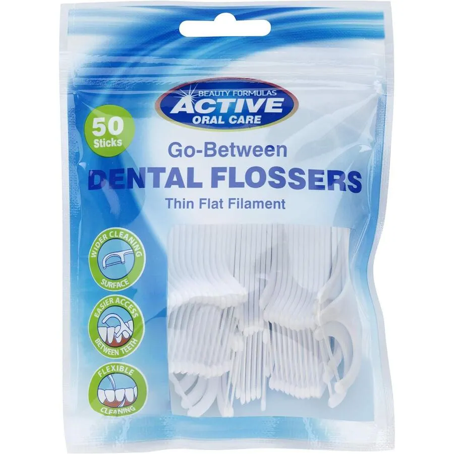 Front of Beauty Formulas Go-Between Dental Flossers Thin Flat Filament, 50 sticks pack