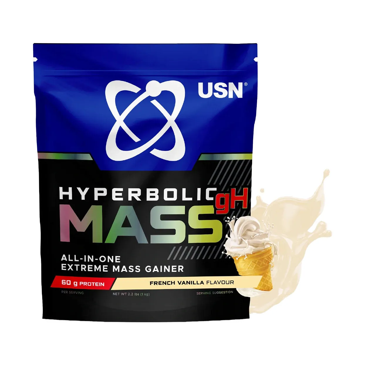 Front of USN Hyperbolic Mass French Vanilla flavour 1kg pouch