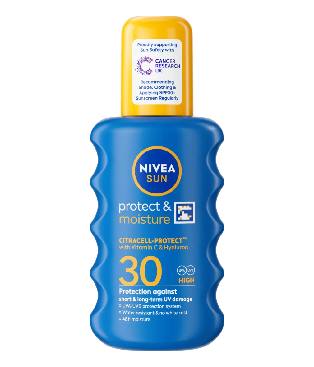 Front of NIVEA SUN Protect & Moisture SPF30 spray bottle, 200 ml