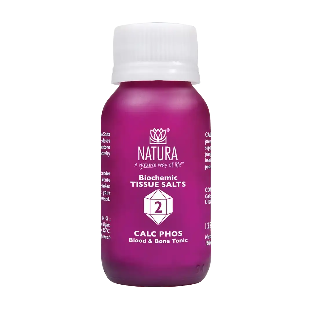 Front of Natura Biochemic Tissue Salts Calc Phos No.2 125 tablets bottle on white background