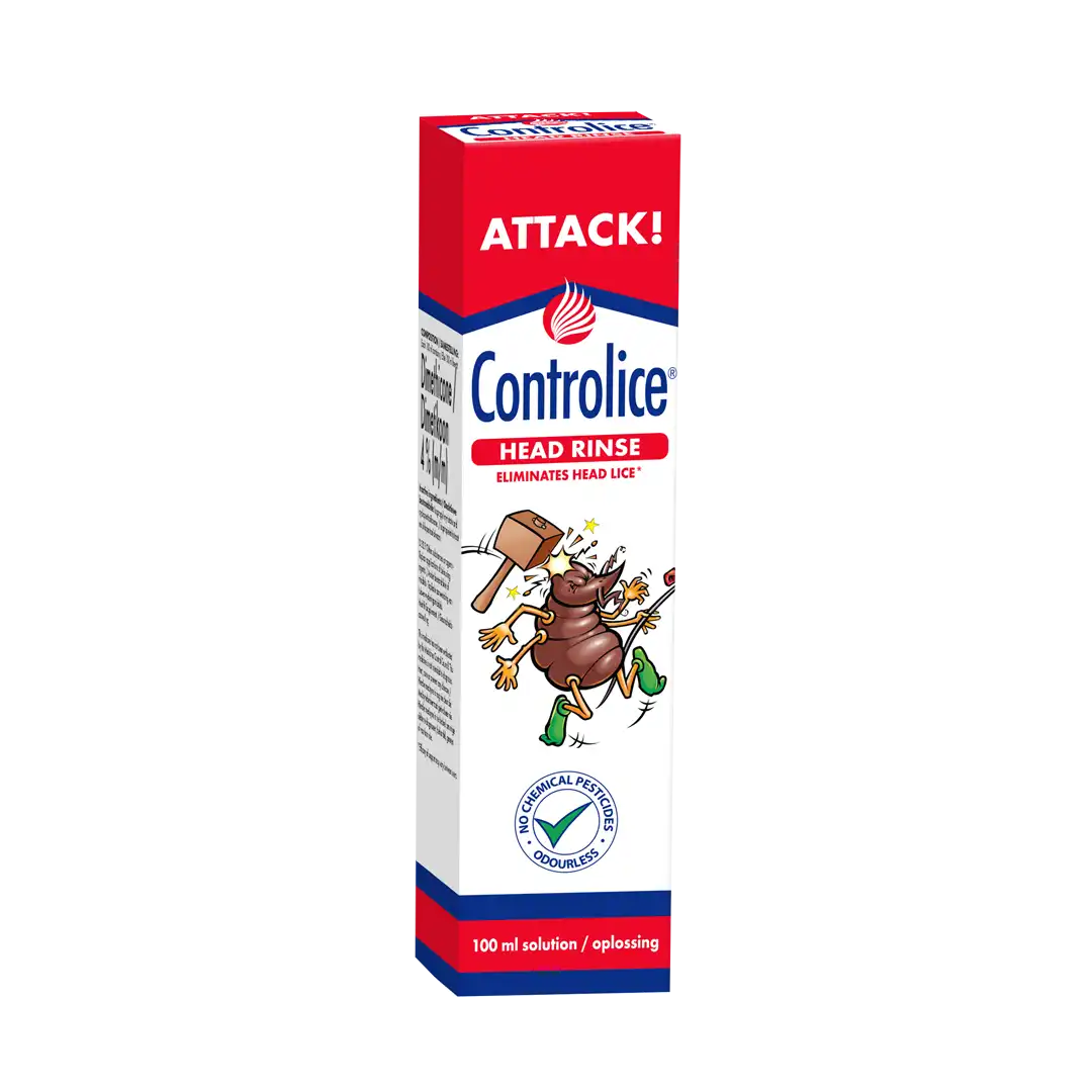 Angled front view of Controlice Head Rinse Solution 100 ml box on white background