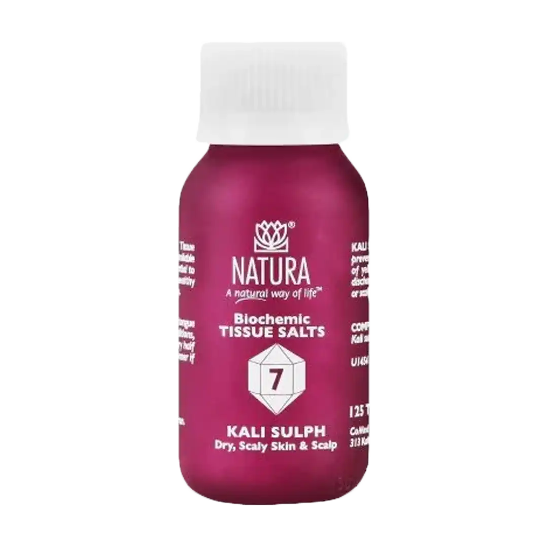 Front of Natura Biochemic Tissue Salts No. 7 Kali Sulph 125 tablets bottle on white background
