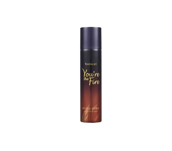 Front of Yardley You're The Fire Deodorant 250 ml can on white background