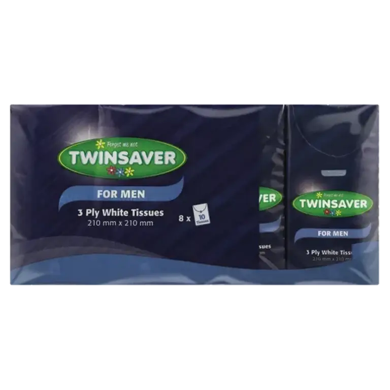 Front of Twinsaver 3 Ply White Tissues for Men 8x10 pack, 210mm x 210mm