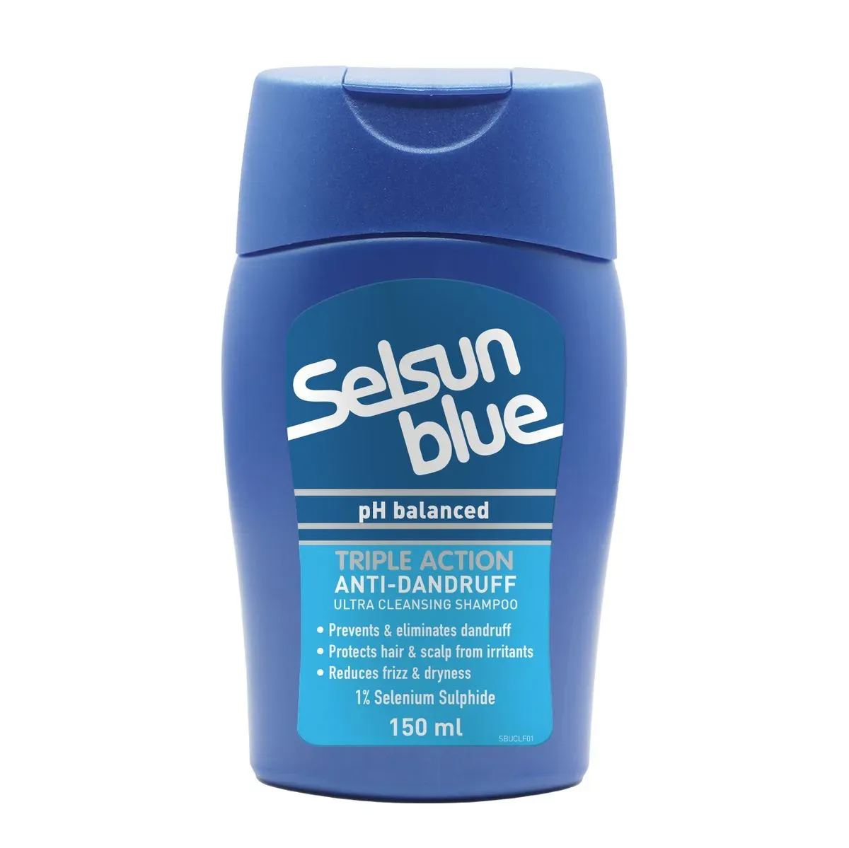 Front of Selsun Blue pH Balanced Triple Action Anti-Dandruff Shampoo 150 ml bottle