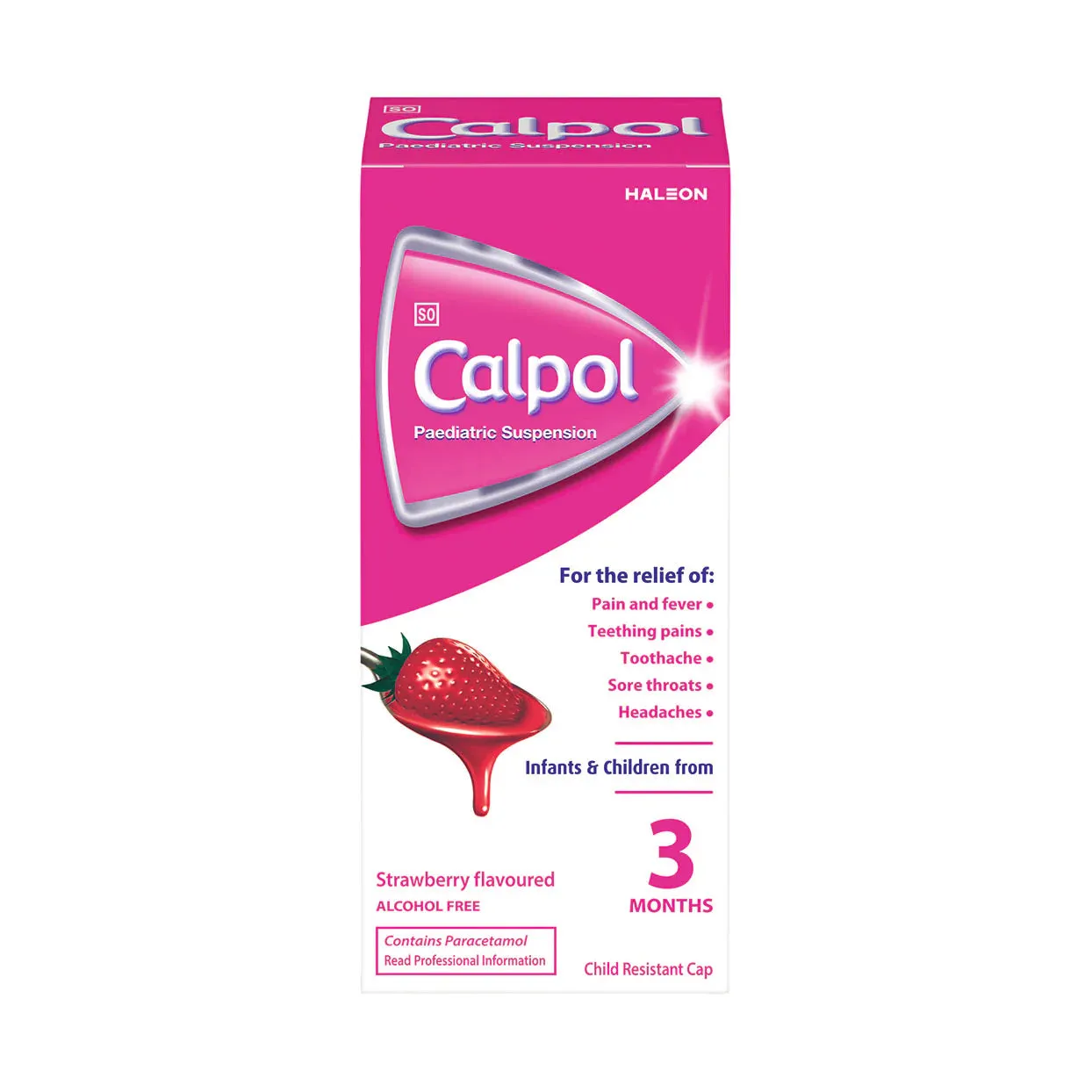 Front of Calpol Paediatric Suspension Strawberry Flavour 150ml carton
