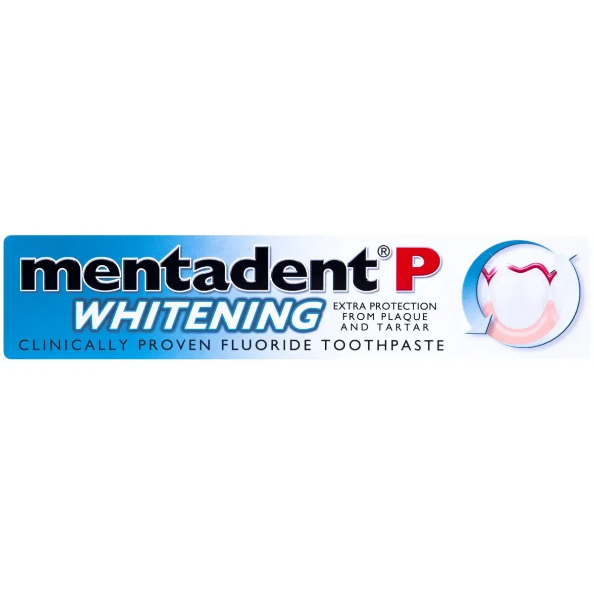 Front of Mentadent P Whitening Fluoride Toothpaste 100 ml tube on white background