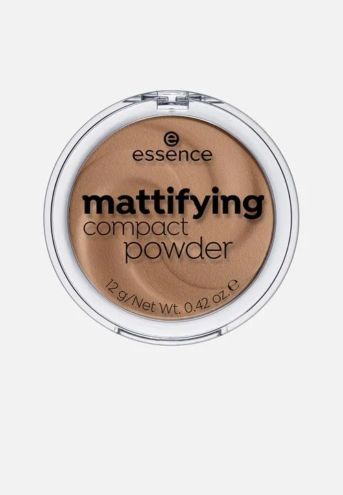 Front of Essence Mattifying Compact Powder (shade 43 Toffee), 12 g compact, open showing pressed powder and mirror