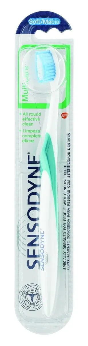 Front of Sensodyne Multicare Soft toothbrush blister pack, green handle