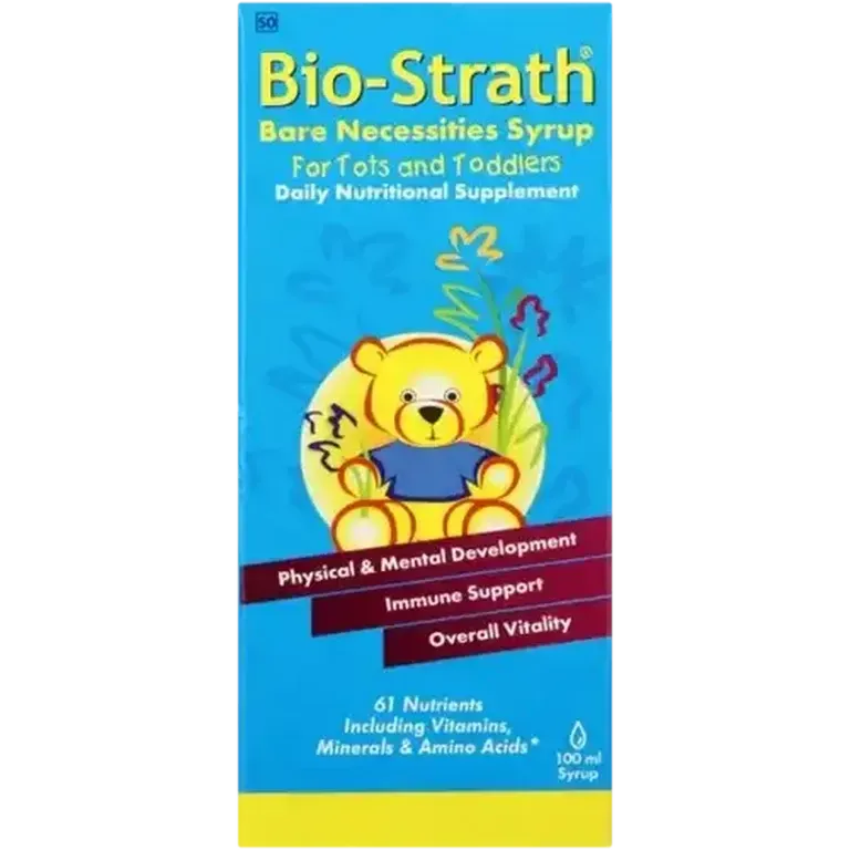 Front of Bio-Strath Bare Necessities Syrup for Tots and Toddlers 100 ml box on white background