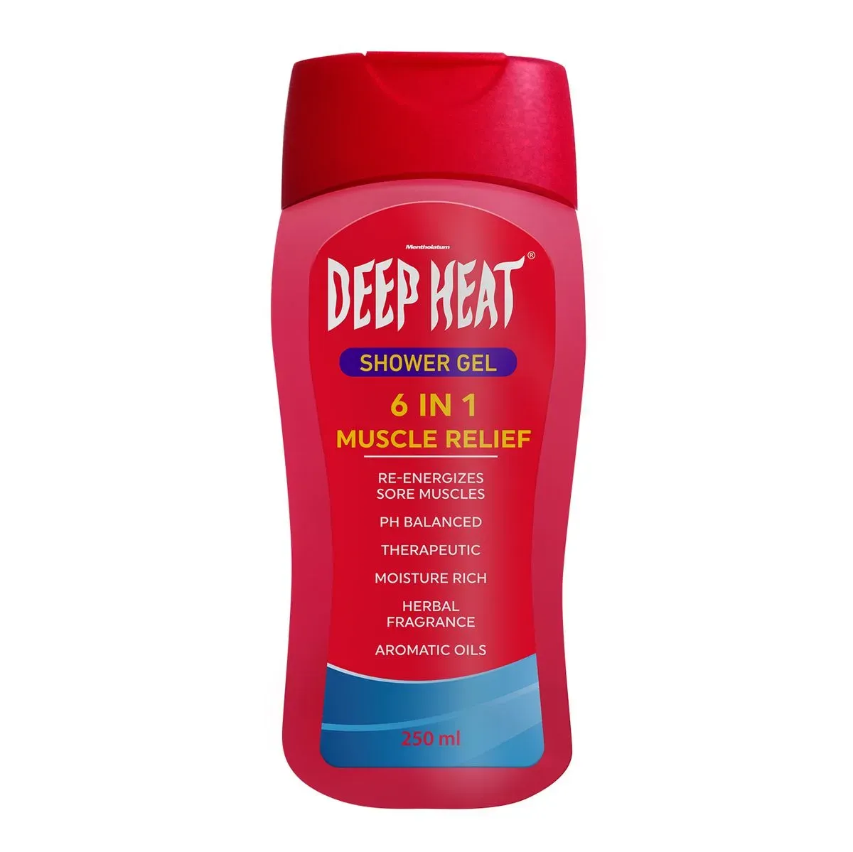 Front of Deep Heat 6 in 1 Muscle Relief Shower Gel 250 ml bottle on white background