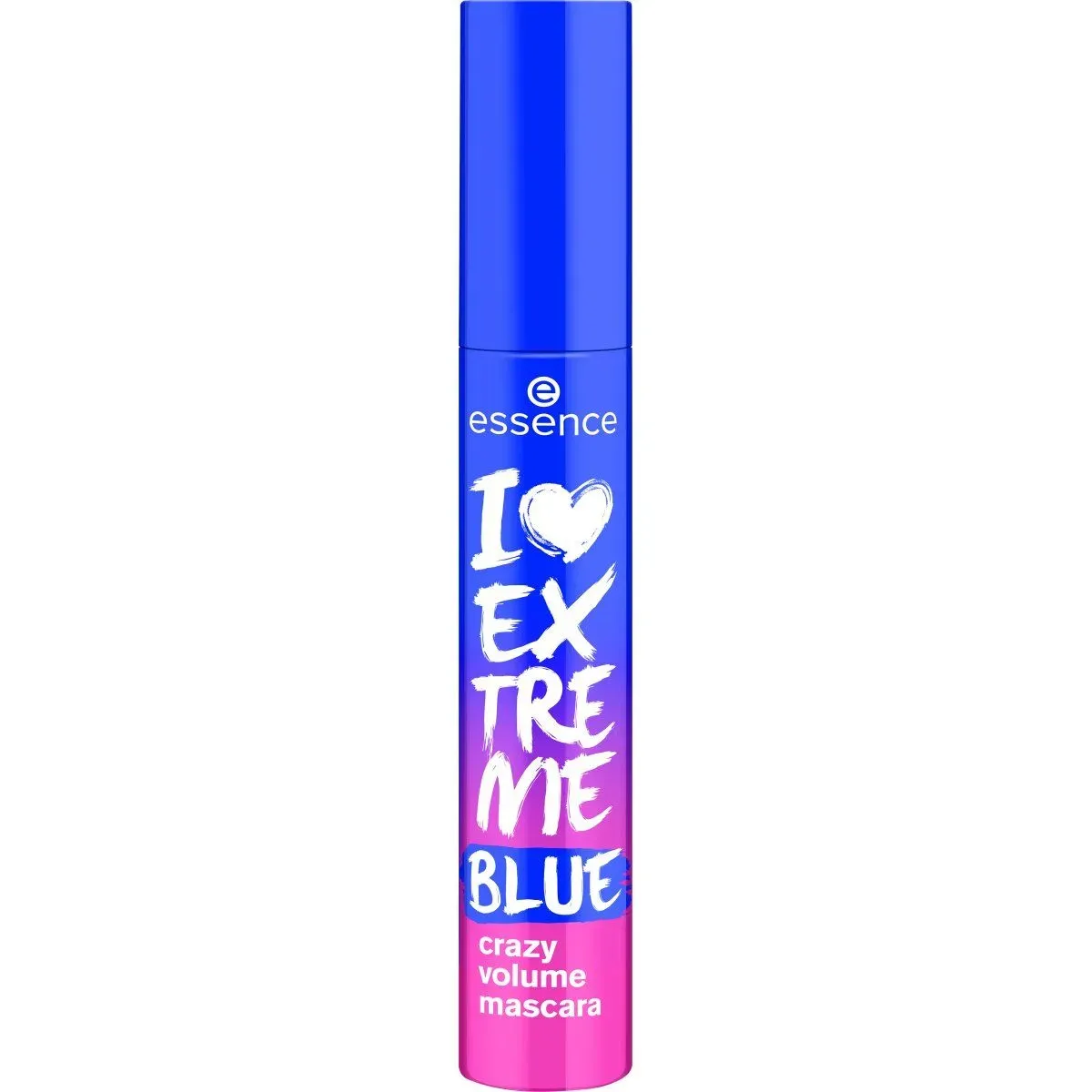 Front of Essence I Love Extreme Blue Crazy Volume Mascara 12 ml tube on white background