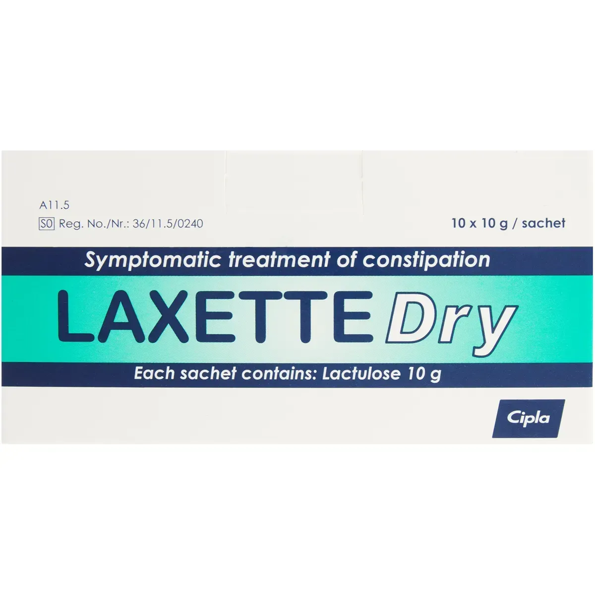 Front of Cipla Laxette Dry 10 sachets box on white background