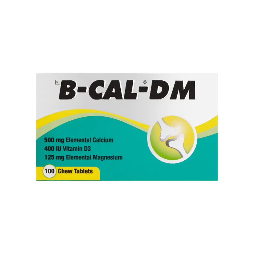 Clean front view of Inova B-CAL-DM Chew Tablets 100 tablets box on white background