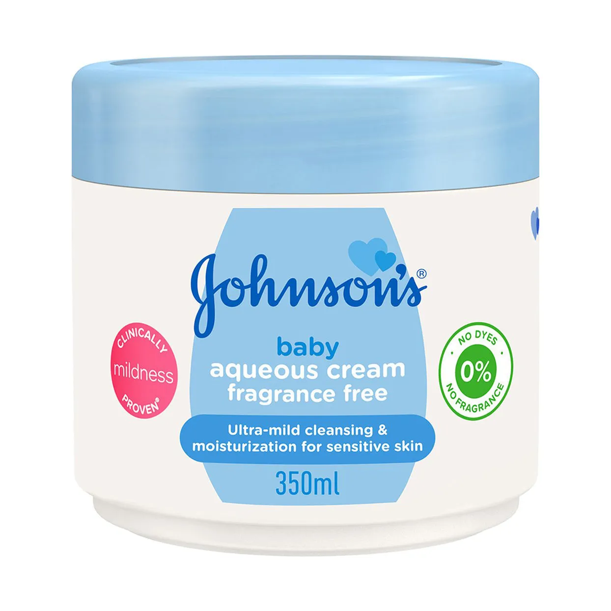Front of Johnson's Baby Aqueous Cream Fragrance Free 350ml tub