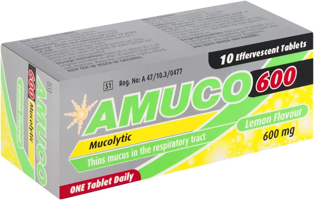 Amuco 600 Lemon Flavour Mucolytic Effervescent Tablets 10pk