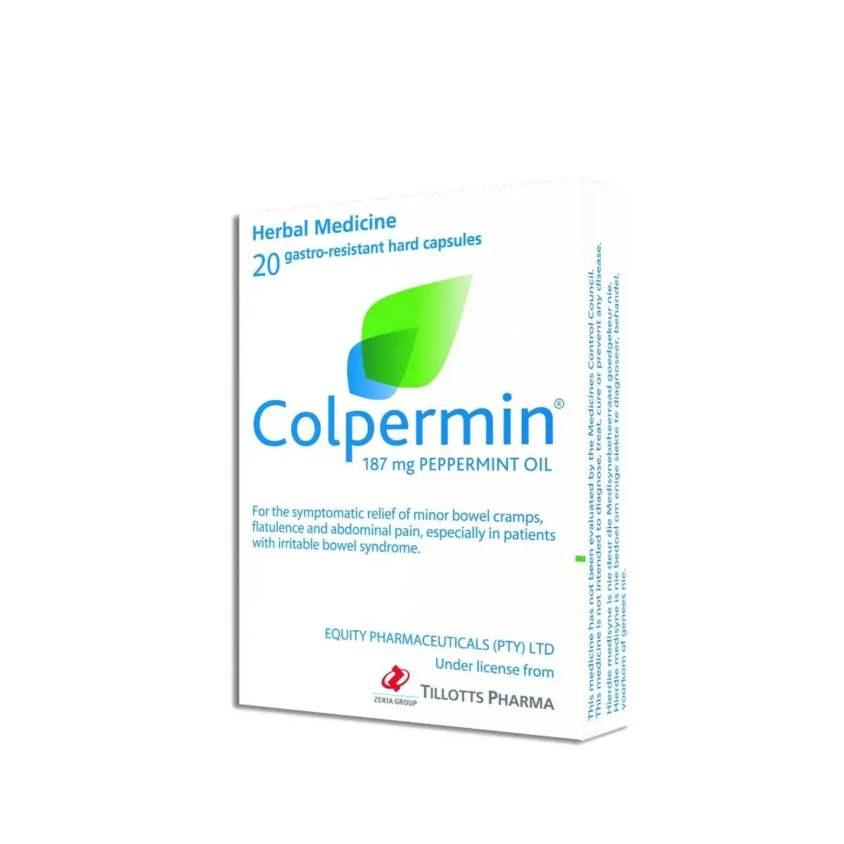 Angled view of Colpermin Peppermint Oil 20 gastro-resistant capsules box