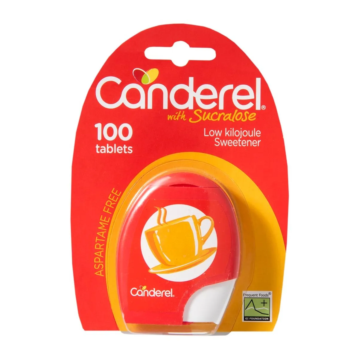 Front of Canderel with Sucralose 100 Tablets pack