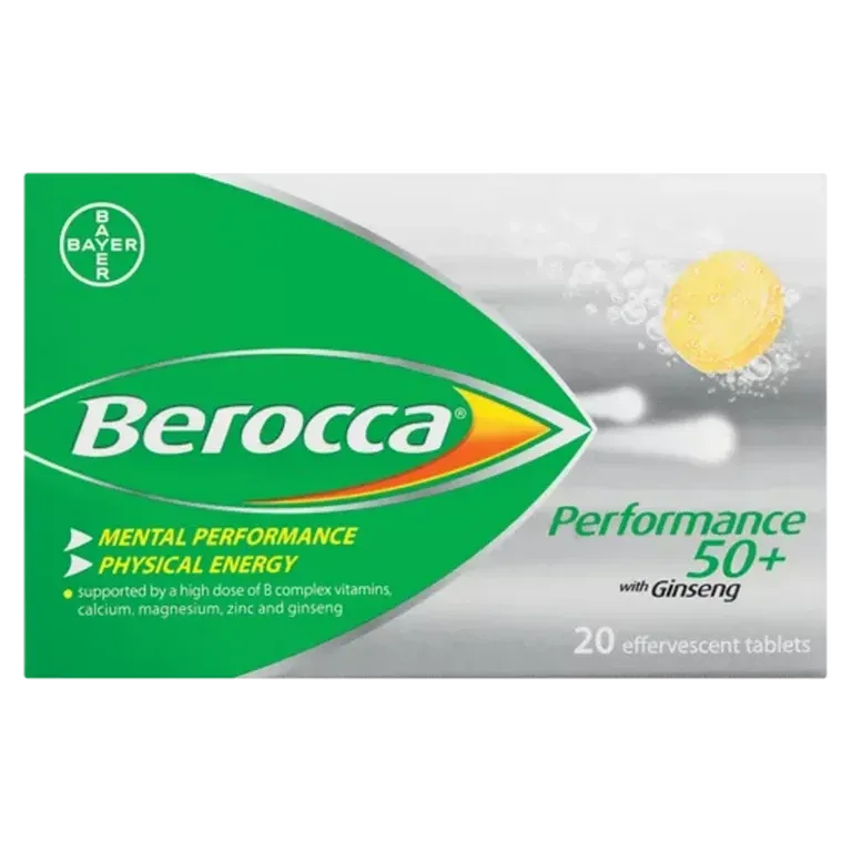 Front of Berocca Performance 50+ with Ginseng 20 effervescent tablets pack
