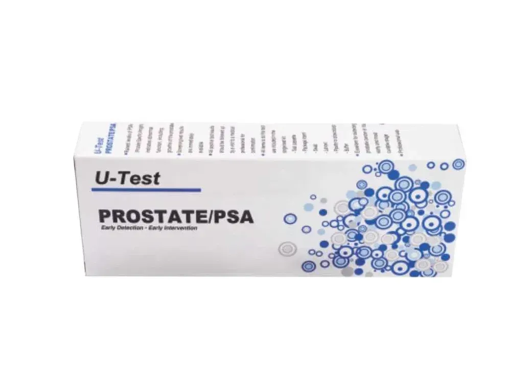 Angled front view of U-Test Prostate/PSA test kit box