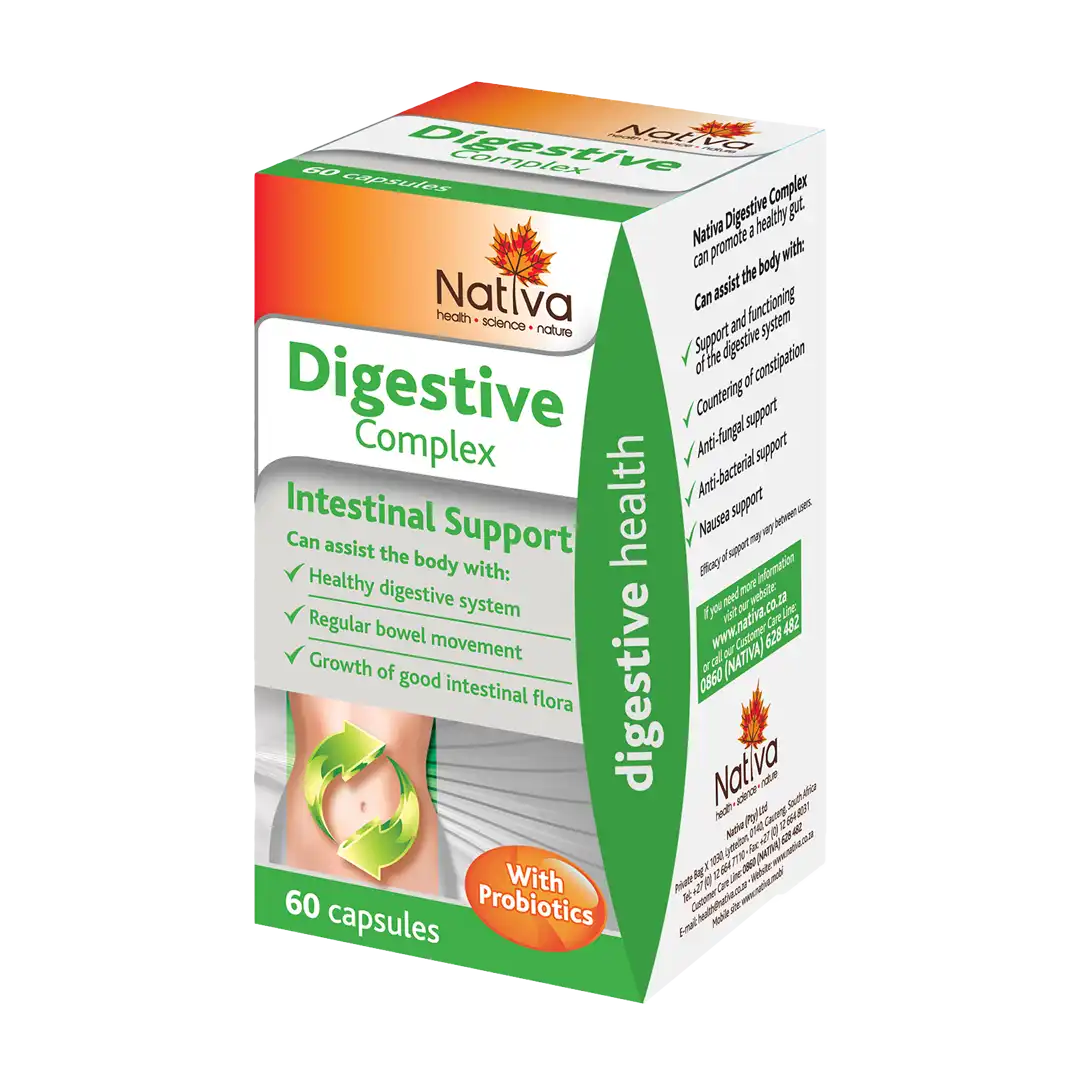 Front angled view of Nativa Digestive Complex Intestinal Support 60 capsules box with probiotics