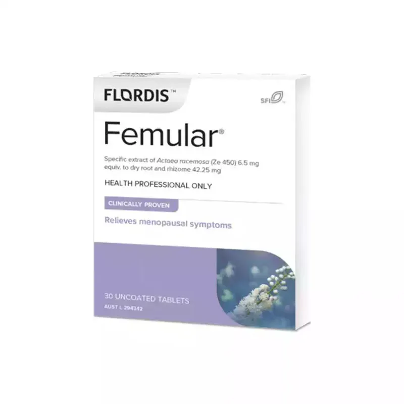 Angled view of Flordis Femular 30 uncoated tablets box