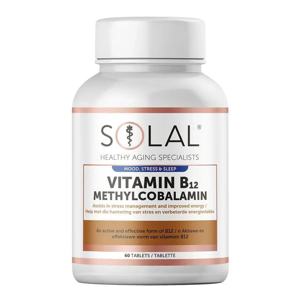Front of Solal Vitamin B12 Methylcobalamin 1mg Tablets, 60 tablets bottle