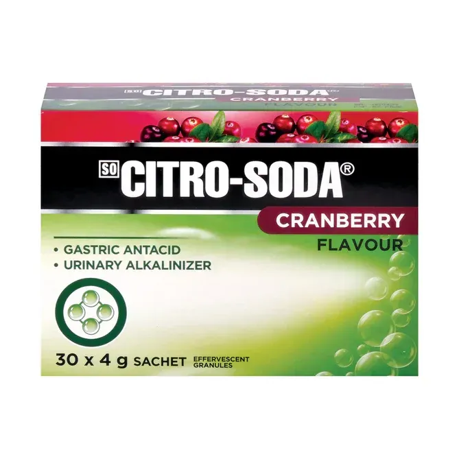 Front angled view of Adcock Ingram Citro-Soda Cranberry Flavour 30 x 4 g sachets box
