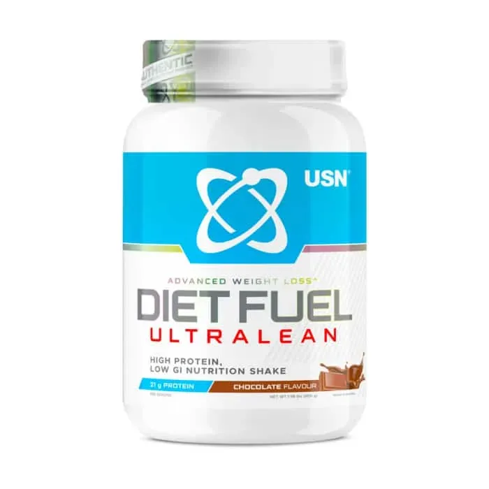 Front of USN Diet Fuel Ultralean Chocolate Flavour 900g tub