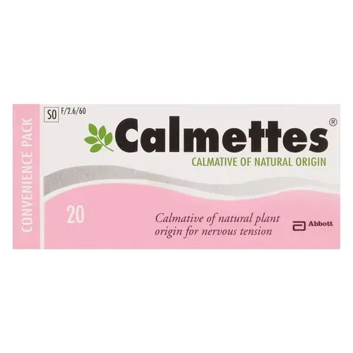 Front of Calmettes Calmative Tablets 20's box
