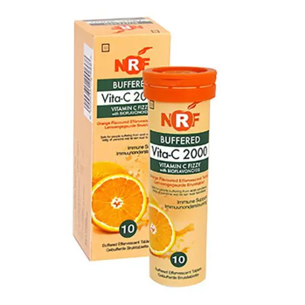 Front of NRF Lifestyle Buffered Vita-C 2000 Vitamin C Effervescent Tablets, pack of 10 (carton and tube)