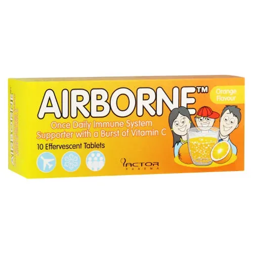 Front of Airborne Effervescent Tablets Orange Flavour 10 tablets box