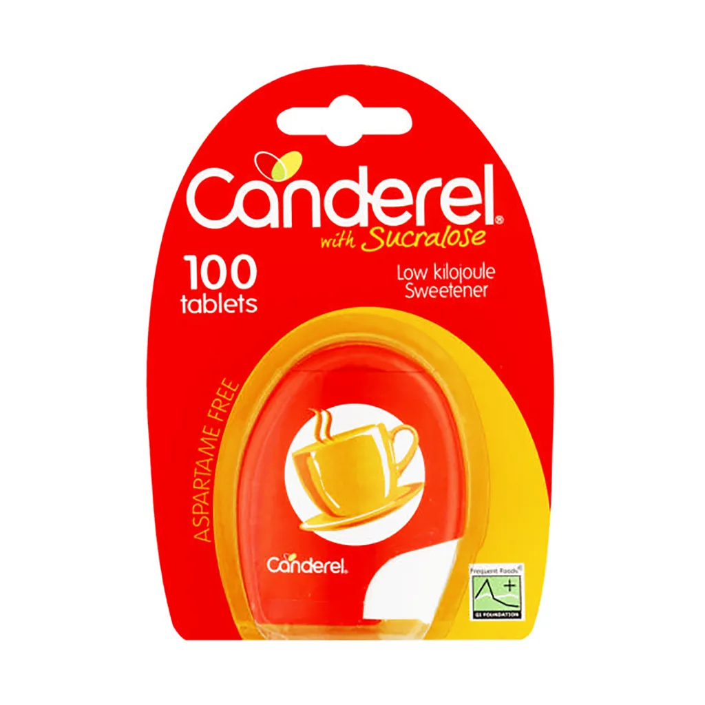 Front of Canderel with Sucralose 100 tablets blister pack