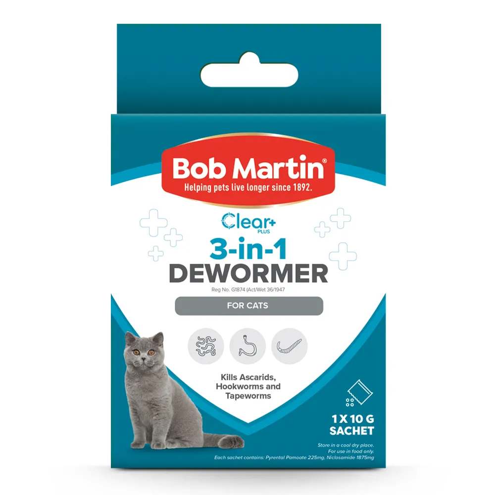Front of Bob Martin Clear+ 3-in-1 Dewormer for Cats, 1 x 10 g sachet