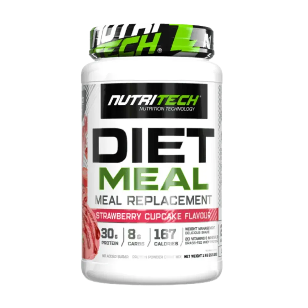 Front of Nutritech Diet Meal Strawberry Cupcake Flavour meal replacement tub 1 kg